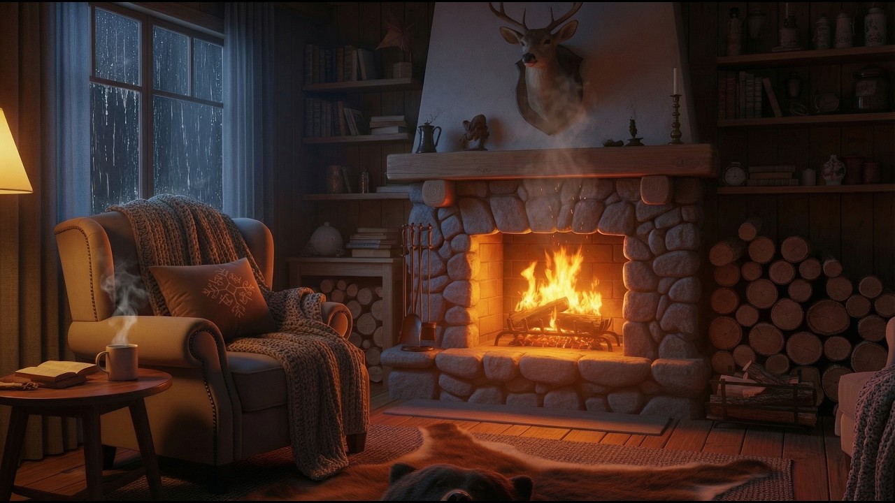 Rainy Cabin Ambience 🏡🌧️ Cozy Fireplace & Rain Sounds for Sleep ...