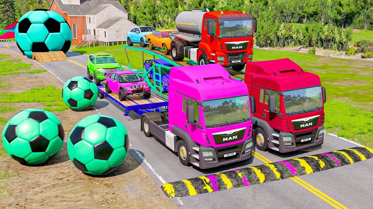 Double Flatbed Trailer vs Mega Speedbumps – Train vs Cars & Tractor Crash | BeamNG.Drive 