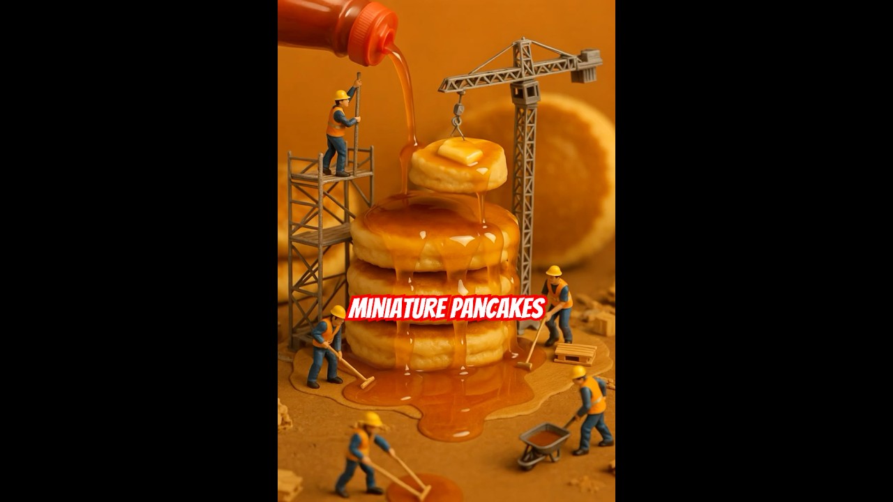 Mini Workers Build Giant Pancakes with Dripping Syrup! 