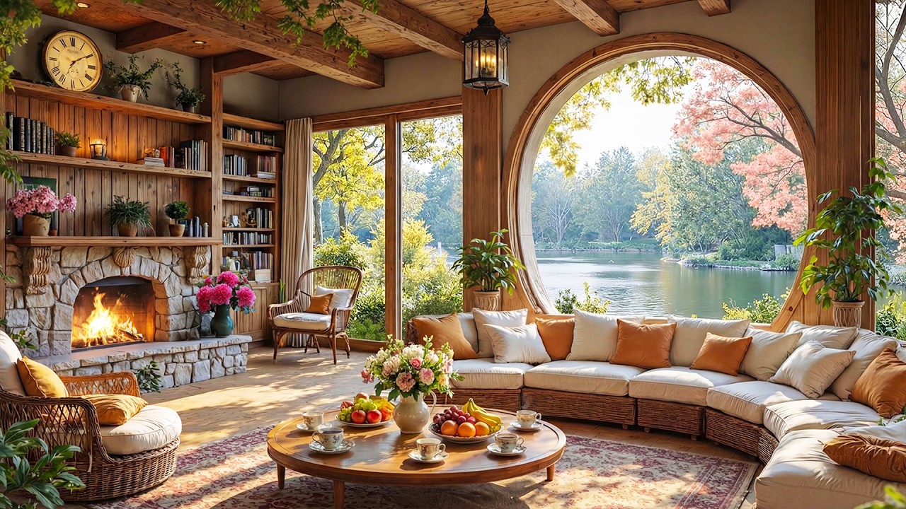Спокойная фортепианная музыка в уютной весенней обстановке домика 🌺 | Звуки камина для релаксации