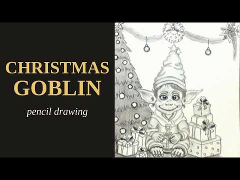 Pencil drawing of a smiling goblin with big pointy ears and a tall star-tipped hat, sitting among wrapped presents beside a Christmas tree with baubles, under a garland with a wreath and a poinsettia