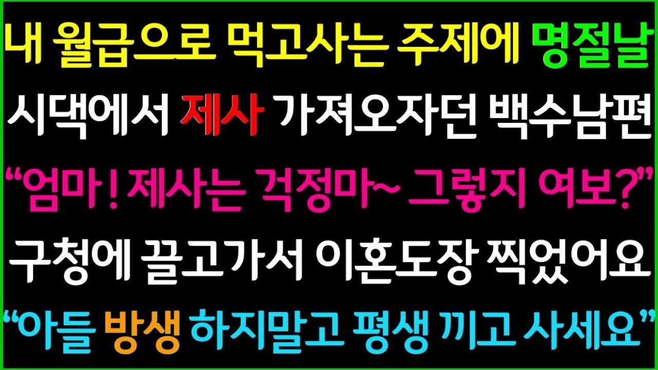 사이다 내 월급으로 먹고 사는 주제에 명절날 시댁에서 갑자기 제사 가져오자던 백수남편, 당장 구청으로 끌고가서 이혼도장 찍었어요! 어머님~ 아들 방생하지말고 평생 끼고 사세