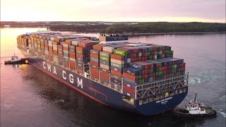 Spectacular Sunrise Aerial View! Massive Container Ship CMA CGM PANAMA - Port of Halifax, NS, Canada screenshot 3