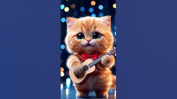 Thumbnail of cute little cat playing ukulele on a magnificent stage.#youtubeshorts #cat #music