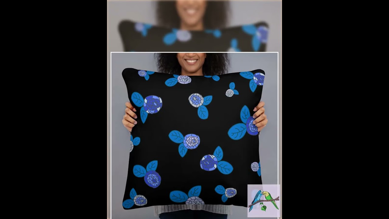 Throw Pillow - Stained Glass Flowers Blue White Black