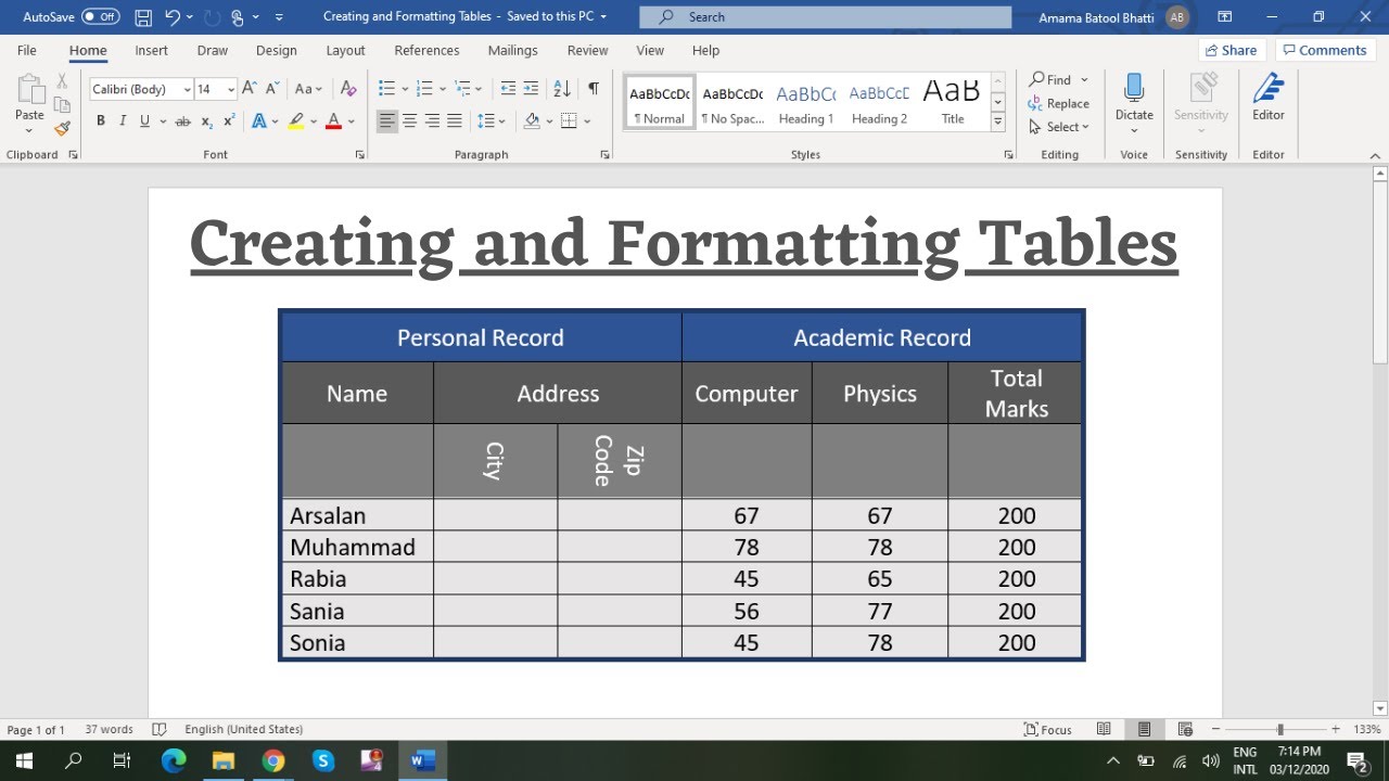 ms word table assignment pdf