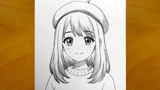 How to Draw Anime Girl | Easy Pencil Sketch Process | Cute Girl with Beret screenshot 3