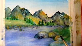 mountain watercolor easy scape tutorial step