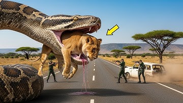 Brave Heroes Save Careless Mother Lion from Giant Python Attack After a Traffic Accident🐍