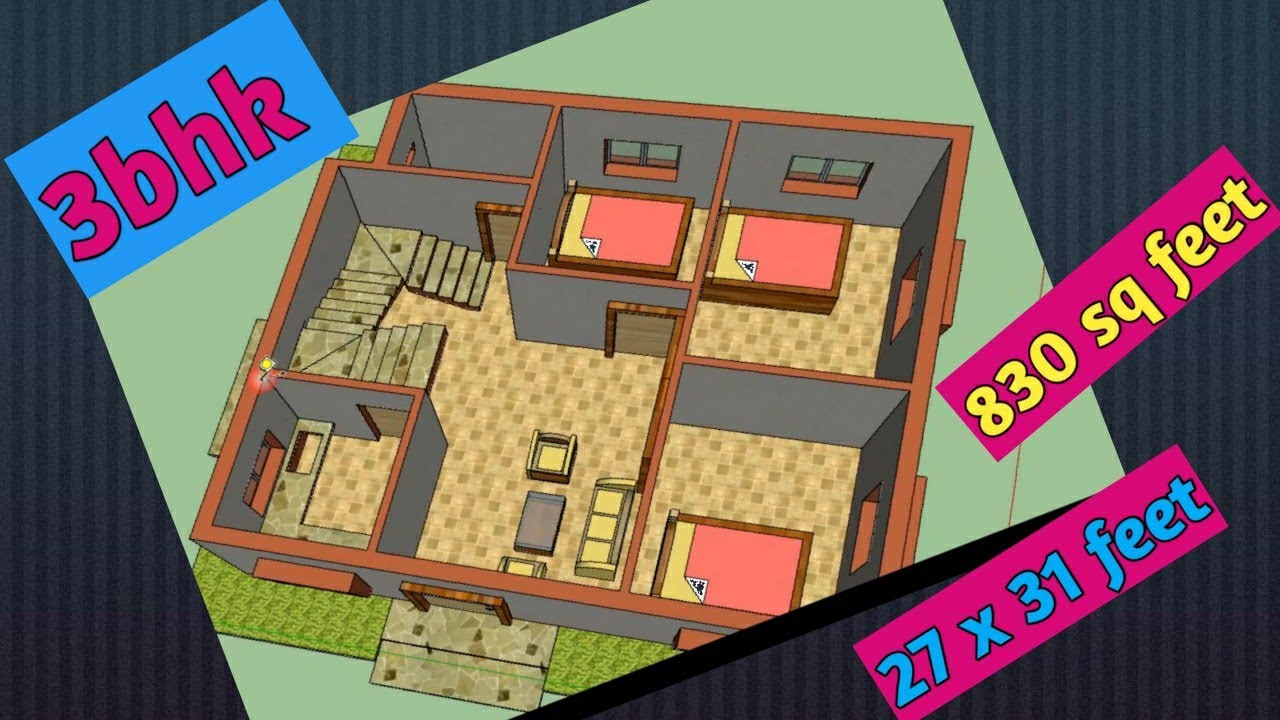 27 feet x 31 feet 3bhk house plan in 3d .beautiful and simple house design..