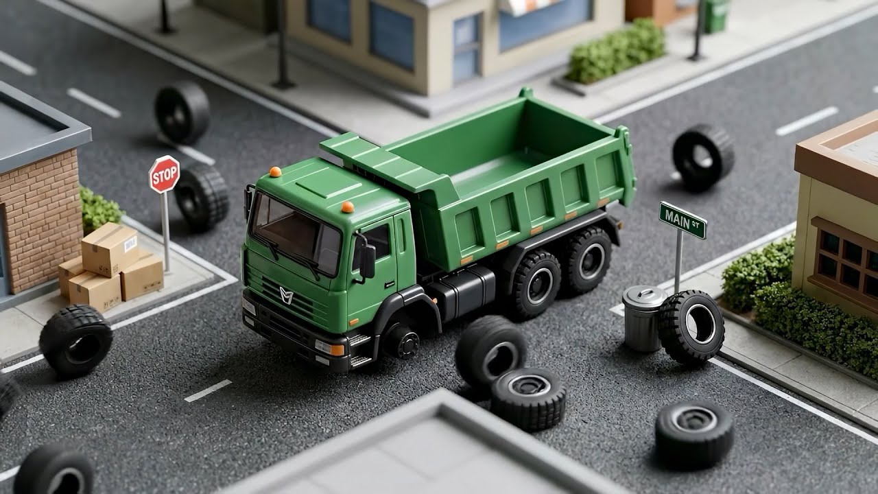 Green Dump Truck Lost Tires! 🚚💨 Shape Rescue Mission with Police Car & Excavator Kids Songs