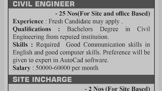 Civil Engineer Job Vacancy in Hydropower Nepal,Civil Engineer-25,Site Incharge-2,Cook-2Nos.#job_news