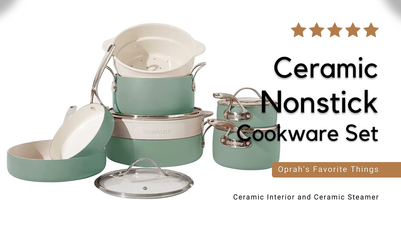 Bloomhouse - Oprah's Favorite Things - 12 Piece Aluminum Pots and Pans  Cookware Set w/Non-toxic Ceramic Non-stick, Ceramic Steamer Insert, & 12