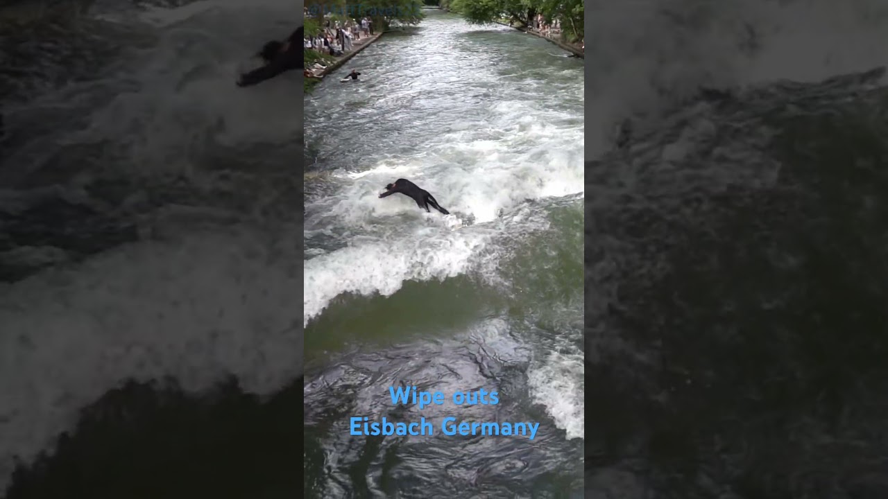 Surfing Wipe outs at the Eisbach River in Munich, Germany 
