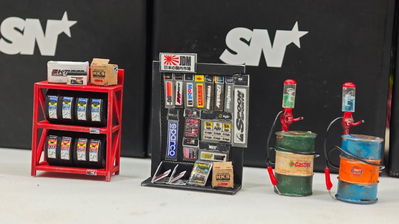 Diorama Accessories (Tire Rack , Sticker Rack and Oil Drum) by ScaleNation | UNBOXING and REVIEW