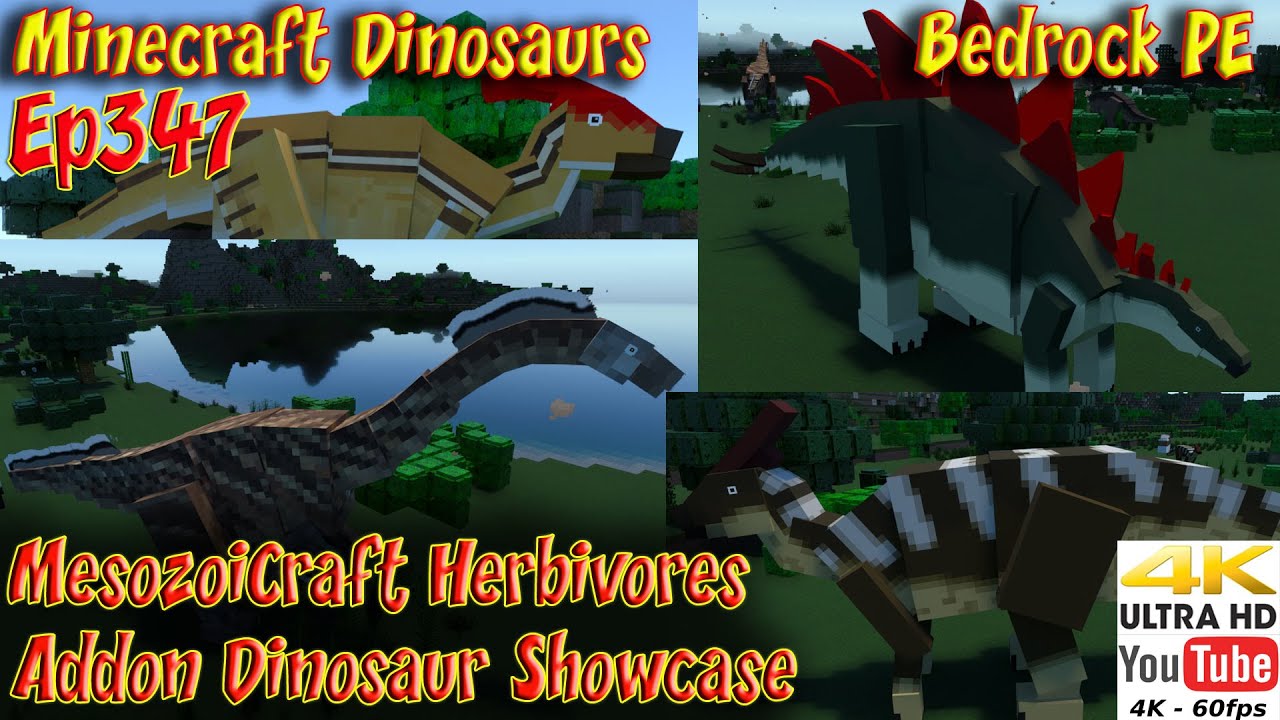 MesozoiCraft Herbivores Addon Showcase 4K 60FPS Minecraft PE BE Mods Minecraft Dinosaurs Ep347