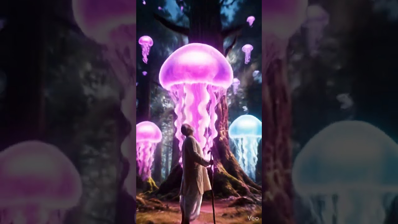A person walking and it suddenly transforms the jungle into jelly fish