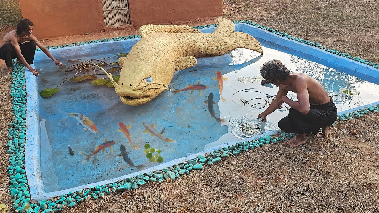 Digging a fish pond with beautiful fish statues in the forest - YouTube