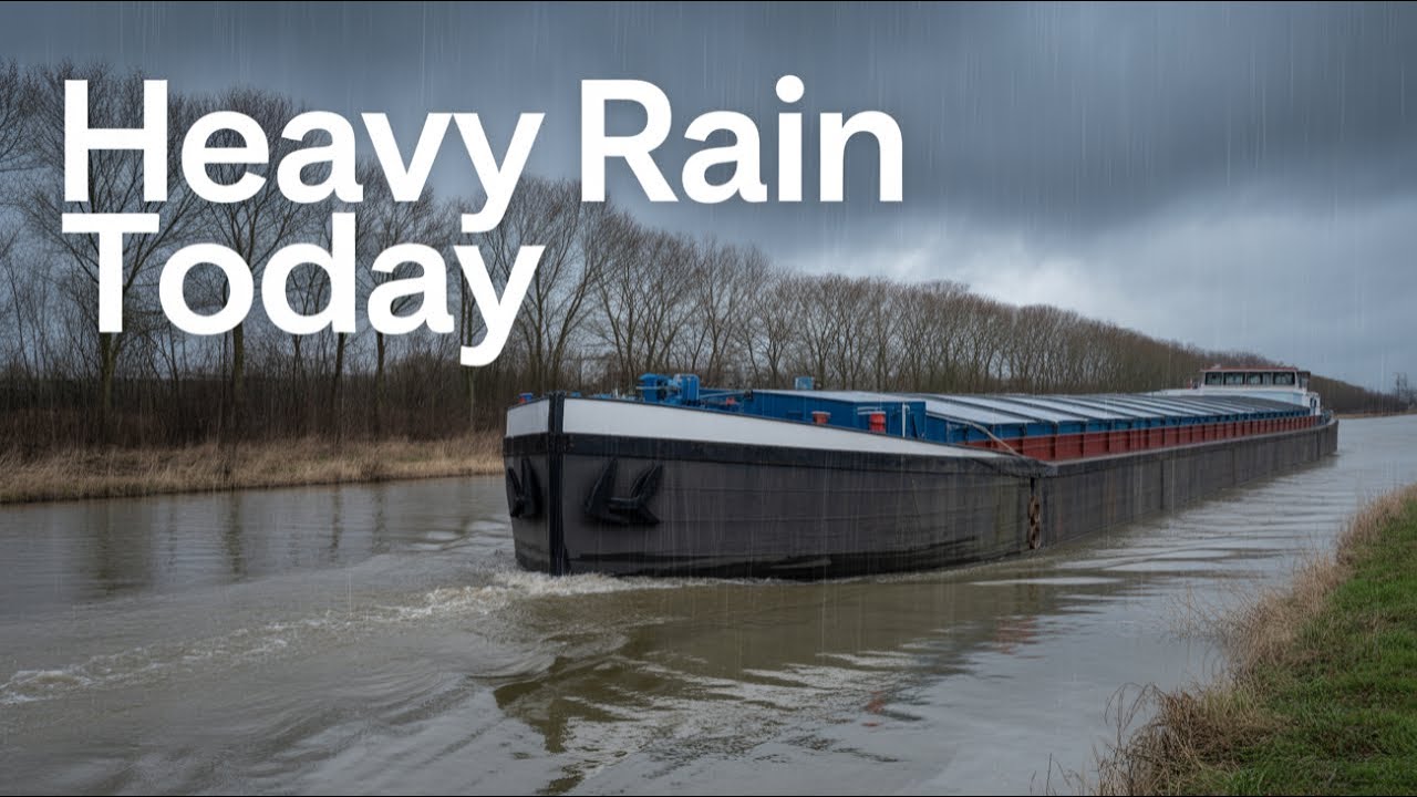 🌧️🚢 Rain and Cargo Barges on the River L'Escaut (Scheldt) in Tournai, Belgium 🇧🇪✨