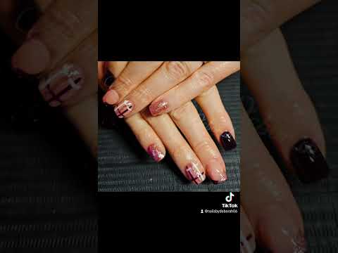 Dark Burgundy And Glittery Pink Gel Polish On Acrylic Nails