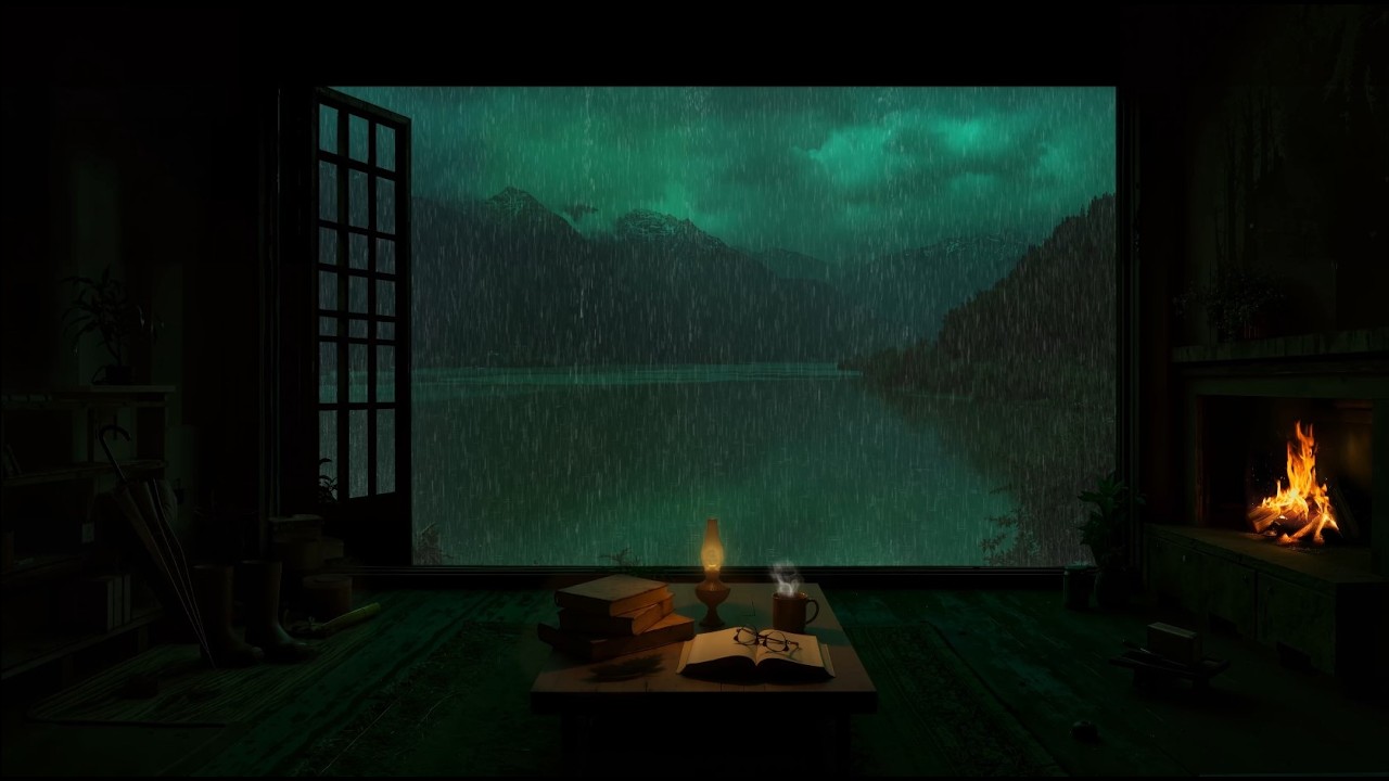 Gentle Night Rain by the Lake | Peaceful Rainstorm in a Cozy Cabin with Fireplace Ambience for Sleep
