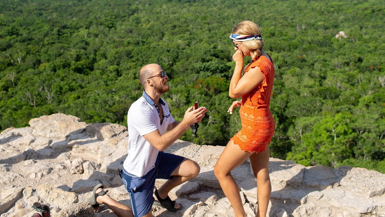Proposal on top of Nohoch-Mul Pyramid, Coba Mayan Village in Tulum, Mexico [Drone]