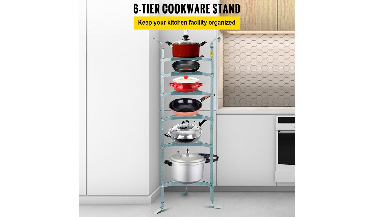 Cookware Stand Kitchen Cooking Pot Rack Corner Carbon Steel 6 Tier Shelf