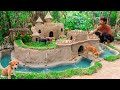 Abandoned puppies rescued and build castle mud dog house with moat to prevent insect