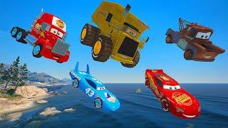 Disney Pixar Cars fall into the water: Lightning McQueen, The King, Tow Truck Mater, Mack, Colossus