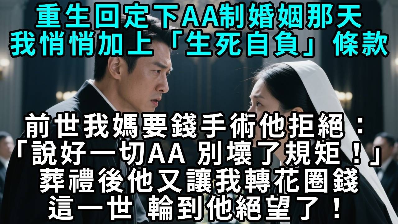 重生回定下AA制婚姻那天，我悄悄加上「生死自負」條款。前世我媽要錢手術，他冷冷拒絕：「我們說好了一切AA，別壞了規矩！」葬禮後他又厚臉皮讓我轉花圈錢。這一世，輪到他絕望了！