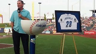 KC@BOS: Omaha Storm Chasers retire Jirshele's number