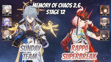 Sunday Team w/ Feixiao & Rappa SuperBreak Memory of Chaos Stage 12 (3 Stars) | Honkai Star Rail