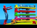 Colored Spiderman Team Loading Long limousine Cars &amp; Trucks Into A Giant Trailer