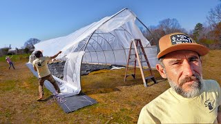 Big Project! Installing 72' Plastic on Gothic High Tunnel Greenhouse