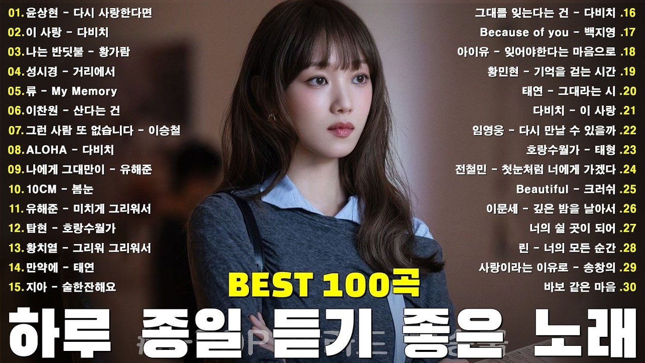 광고 없이 하루 종일 듣는 발라드 Best 100 ｜ 집중력 UP! 일할 때 듣기 좋은 감성 노래 - 임창정,성시경,더원,백지영,김필,양파,이승기,왁스,김범수,소울스타,원티드