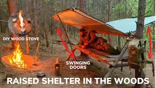 Solo Overnight Building a Raised Shelter With Pivoting Doors In The Woods and Bacon Ribeye Skillet