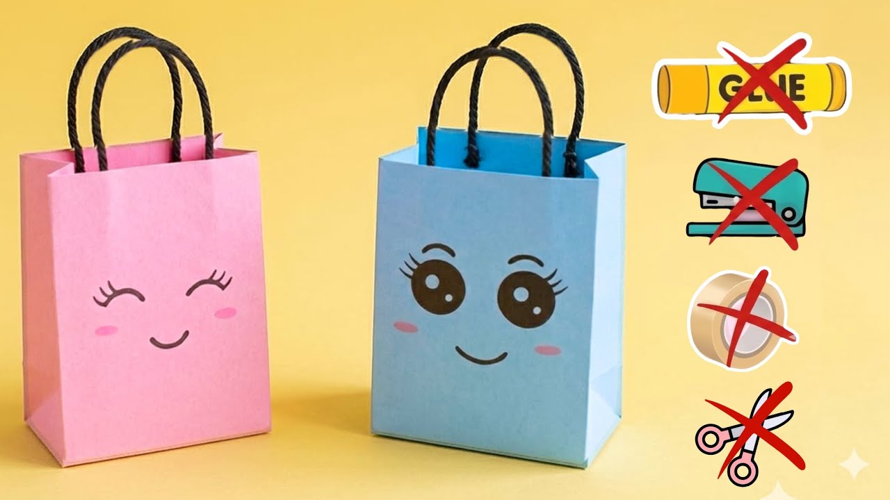 How to make Cute Mini Gift Bag without glue and scissors / paper craft ...