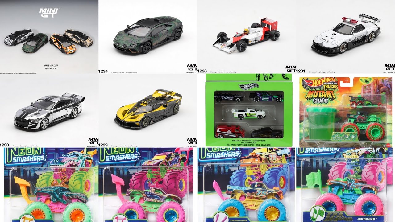 Cool Hot Wheels Neon Smashers Monster Trucks, Mini GT Lamborghini