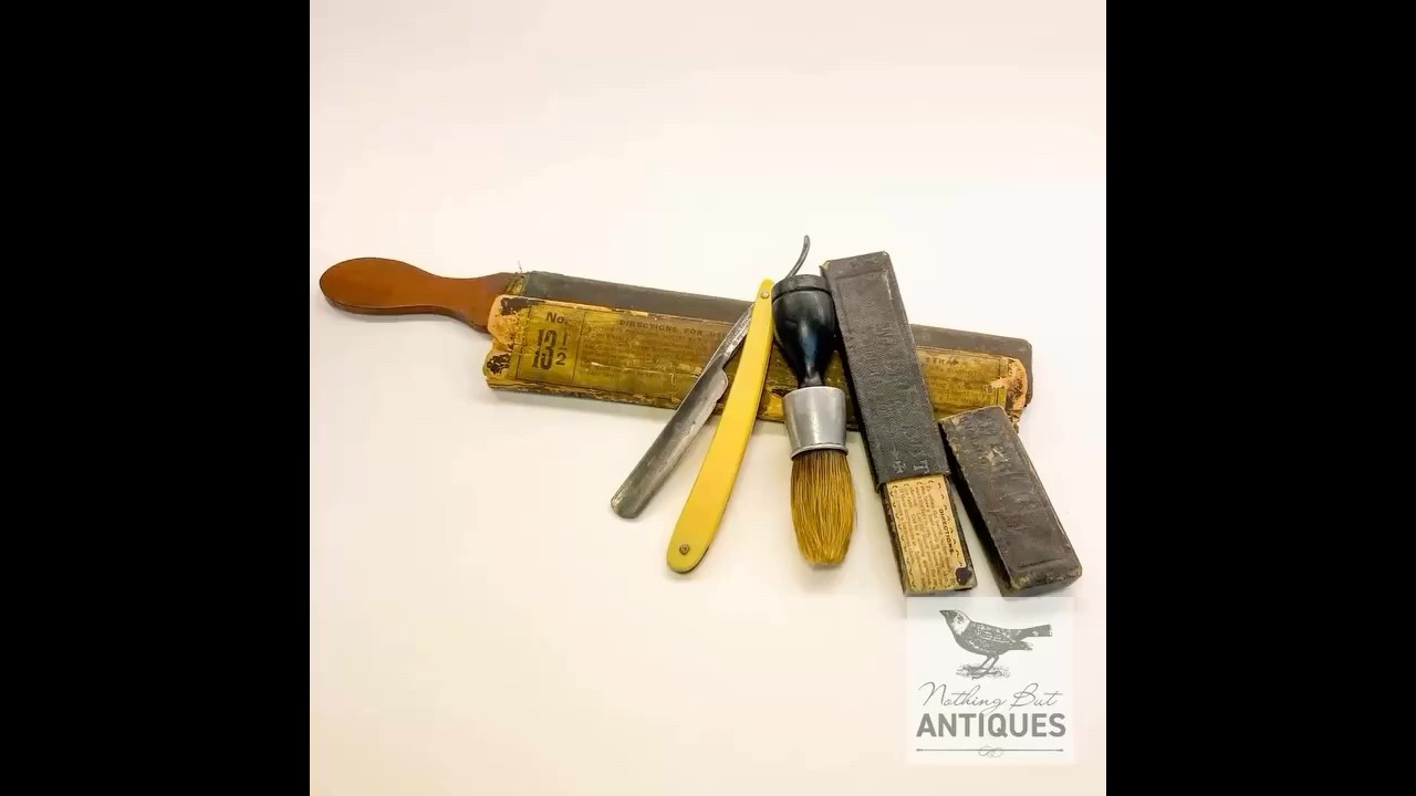 Antique Celluloid Razor With Emerson Razor Strap, Shaving Brush, Set of 3, ca. 1900