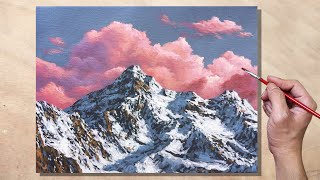 Acrylic Painting Pink Clouds Winter Mountain