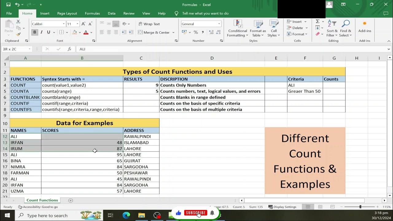 MS Excel Count Function With Examples by zimfhy creations IGCSE ...