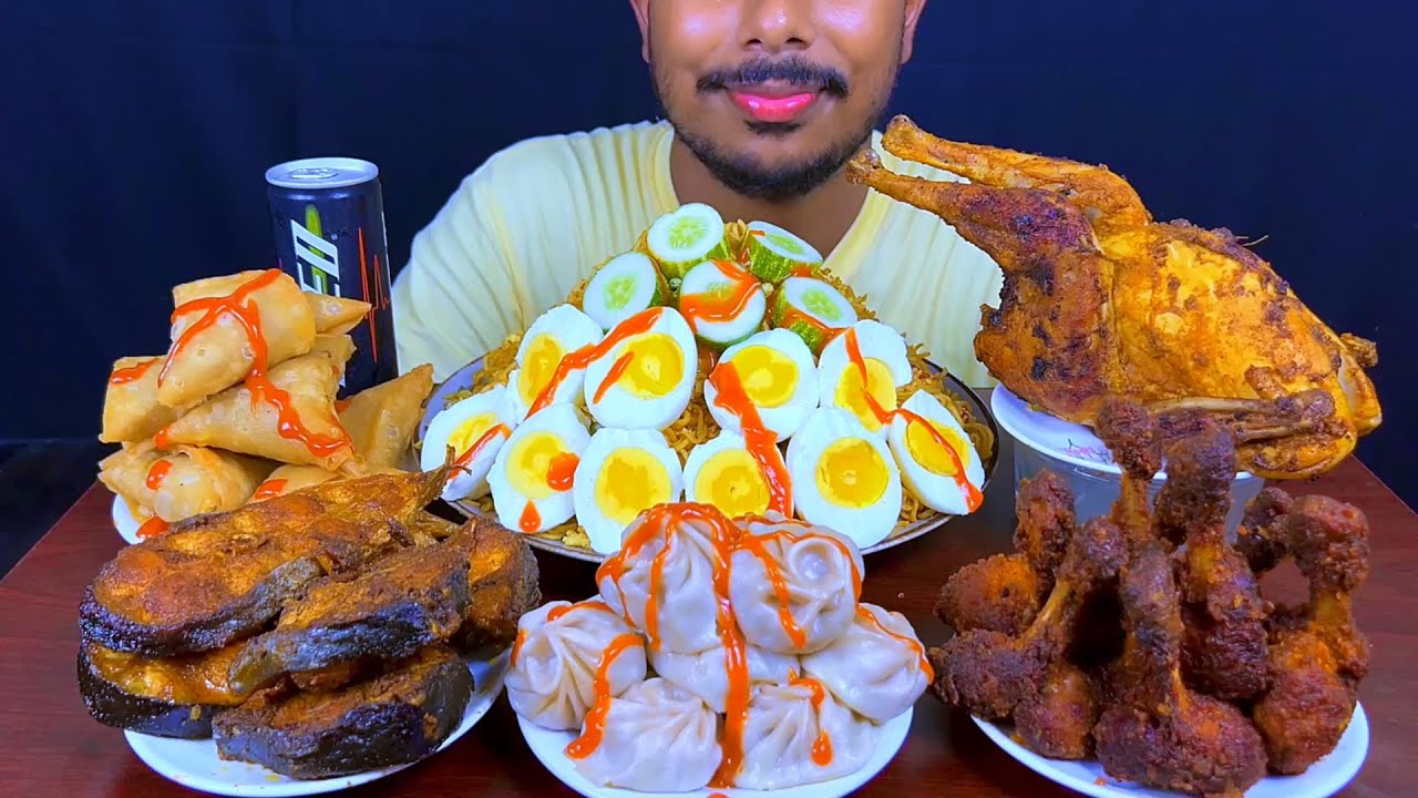 Eating Spicy Noodles,Whole Chicken Fry,Beef Momo,Fish Fry,Chicken Lolipop,Egg,Somosa || Asmr Mukbong