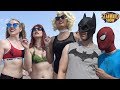 SPIDER-MAN & BATMAN at the Beach VS Harley Quinn & Gotham Sirens + Spider-Gwen