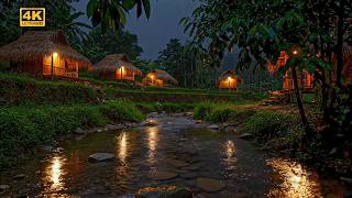 Immersive Tropical Night Ambience Cozy Huts and Flowing Water