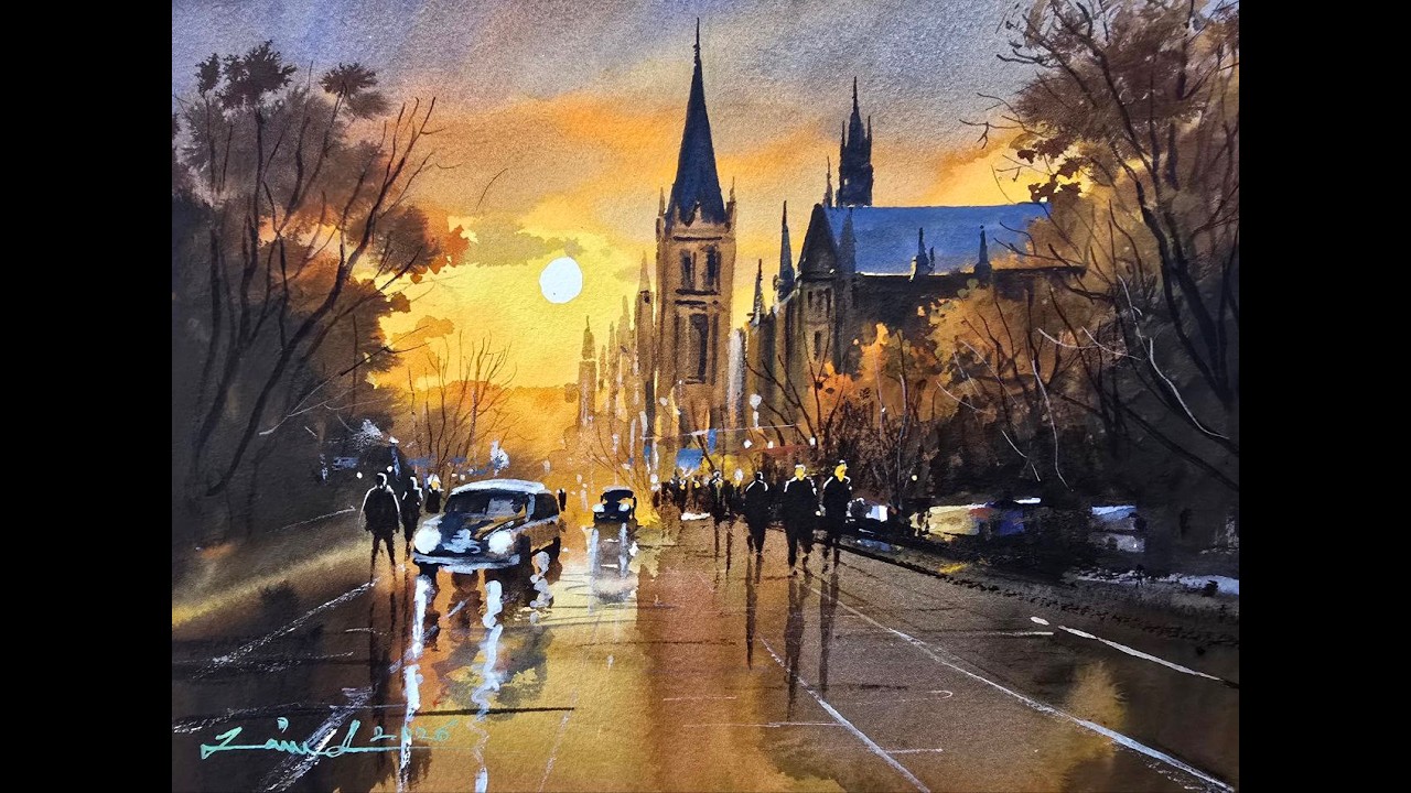 How to Paint a Golden Sunset City in Watercolor