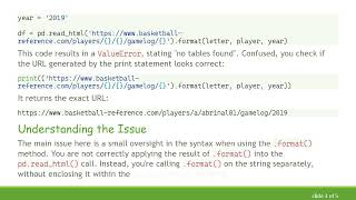 Troubleshooting ValueError with .format() in Python