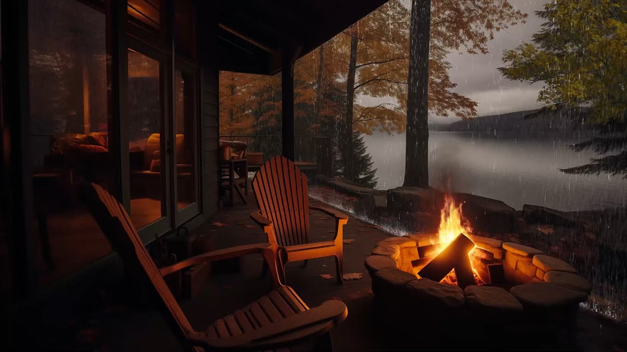 Rain on Cabin Porch with Fire Pit | Soothing Rain Sounds for Sleep ...