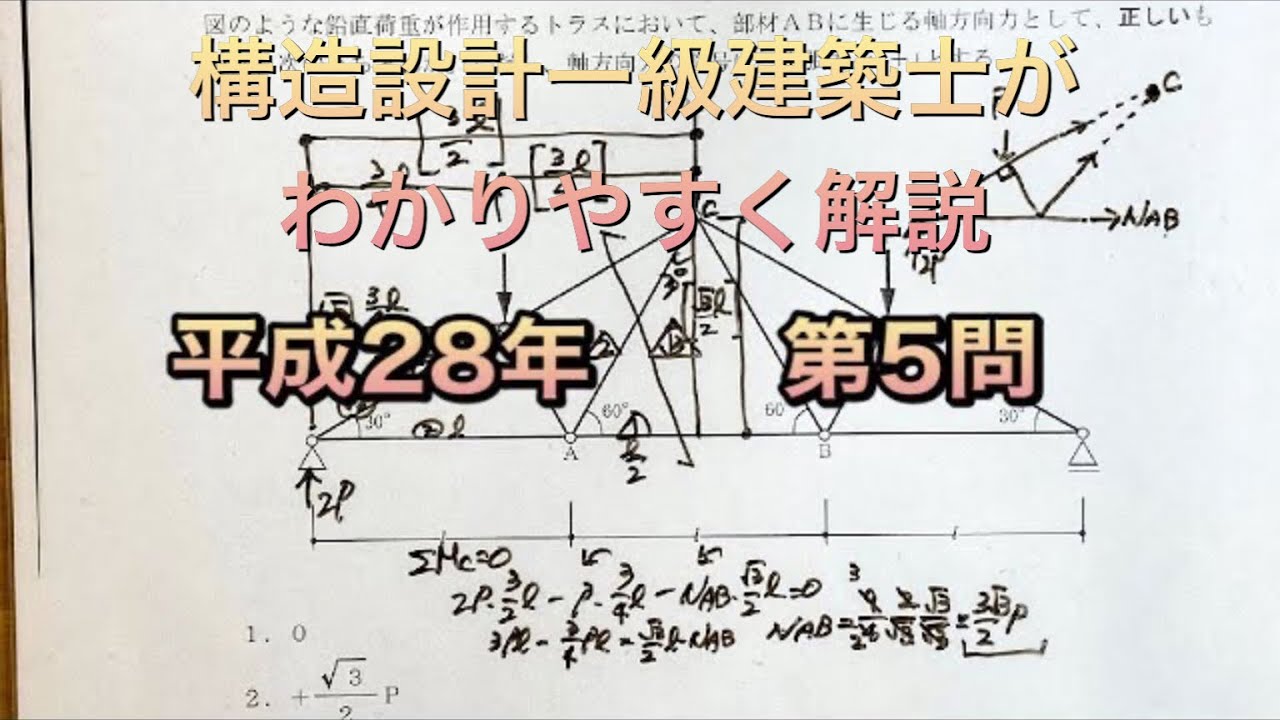 【構造設計一級建築士が過去問解説】一級建築士　構造力学平成28年第5問　トラスをわかりやすく解説