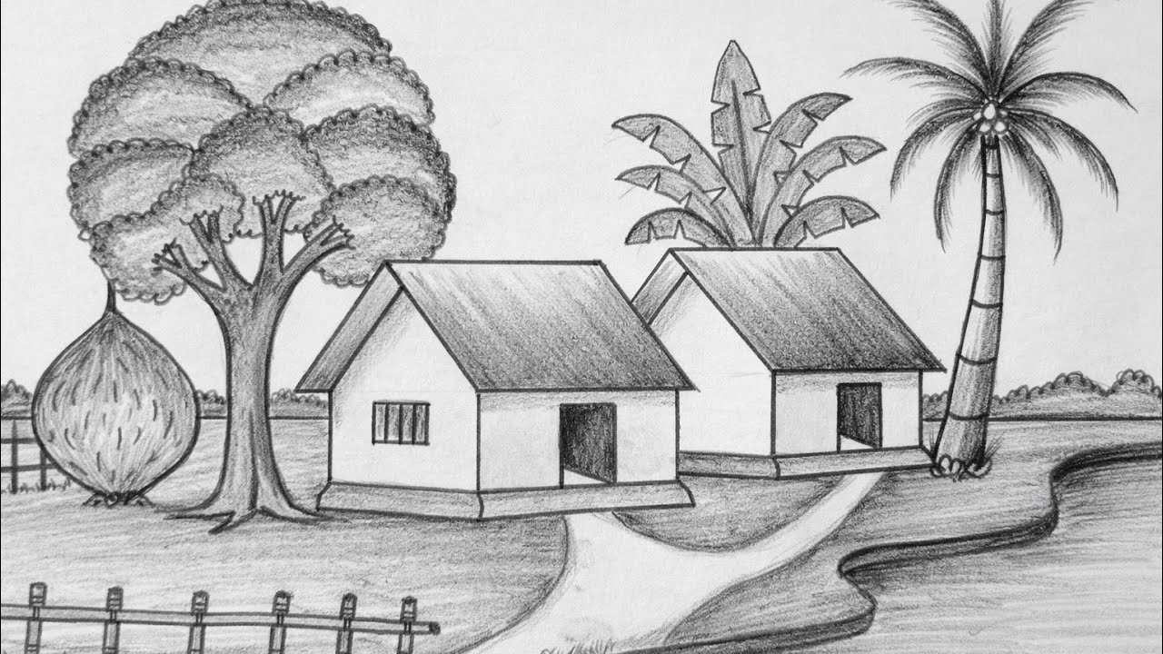 How to draw a beautiful village scenery // easy drawing // circle drawing 