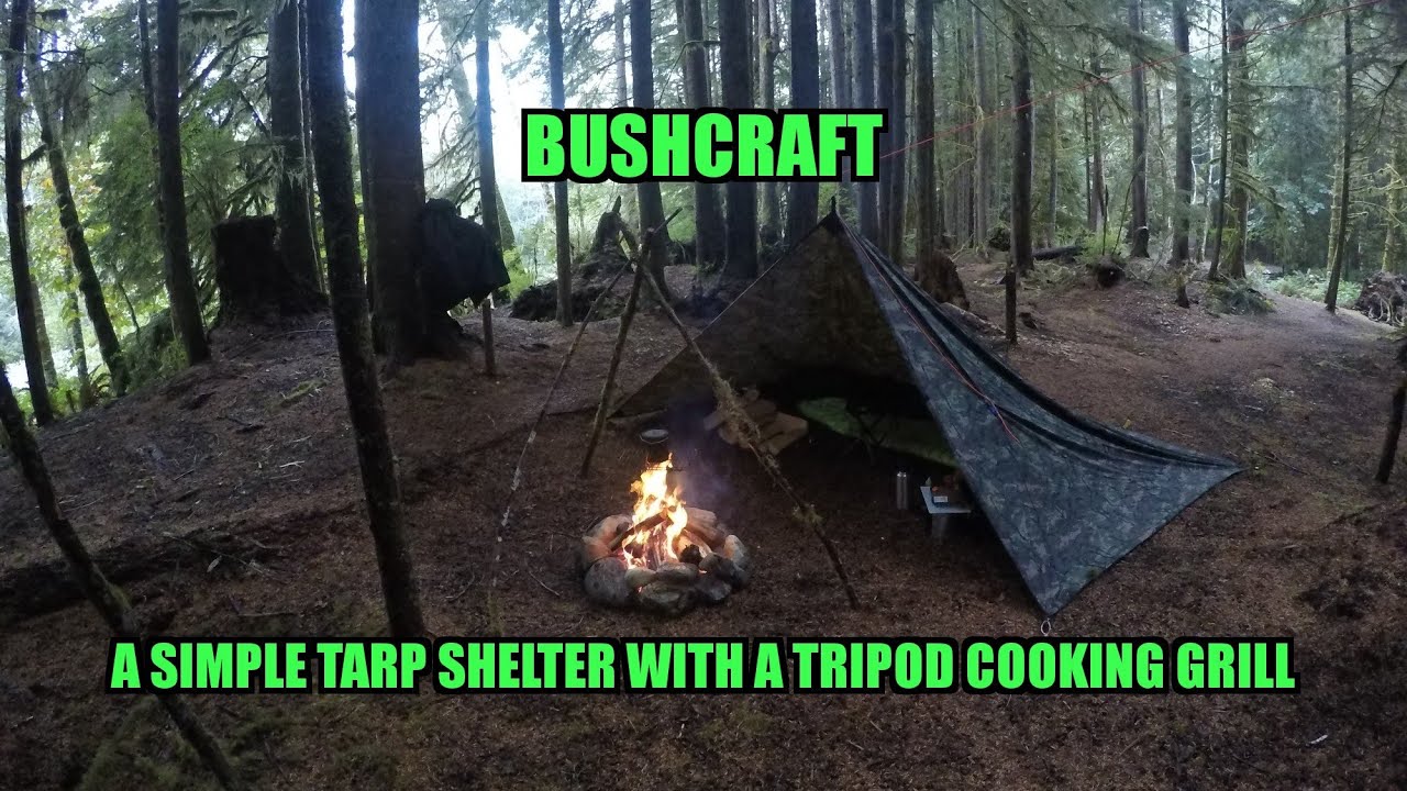 Bushcraft - simple tarp shelter defender king camo, tripod cooking grill, wild edibles, vargo stove